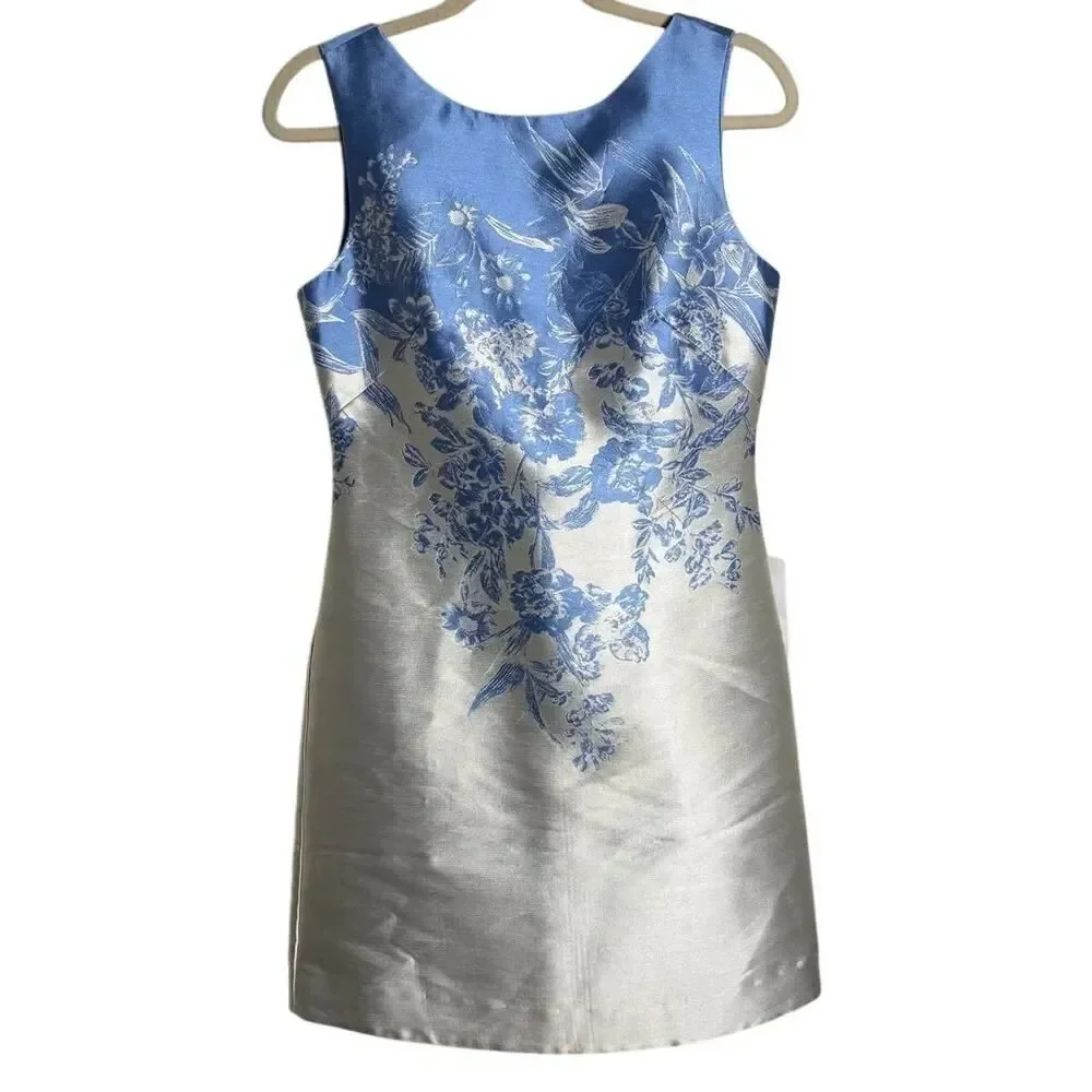 NWT Theia White Blue Floral Cocktail Dress Women's Sz. 8